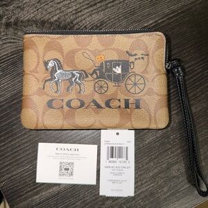 Coach Brown Multi Signature Halloween Horse & Carriage Wristlet